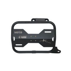 MotoCare saddle stay with plate installed on Hero Xpulse motorcycle supporting saddlebags for touring and off-road stability