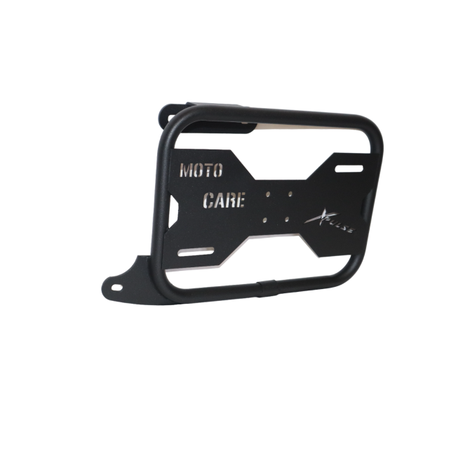 MotoCare saddle stay with plate installed on Hero Xpulse motorcycle supporting saddlebags for touring and off-road stability