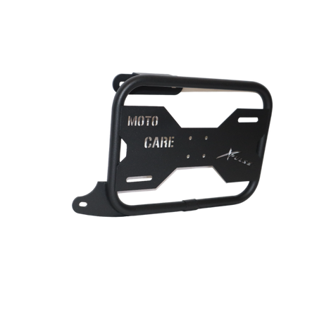 MotoCare saddle stay with plate installed on Hero Xpulse motorcycle supporting saddlebags for touring and off-road stability