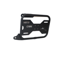 MotoCare saddle stay with plate installed on Hero Xpulse motorcycle supporting saddlebags for touring and off-road stability