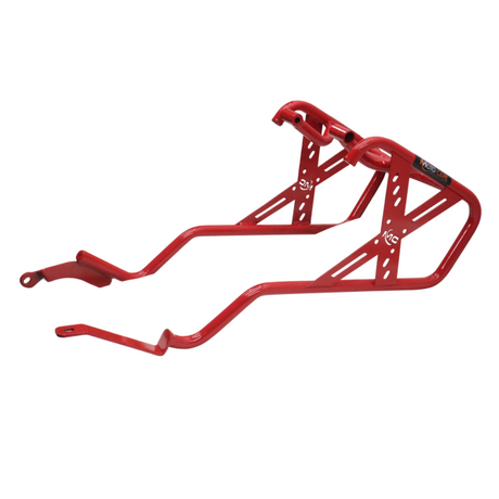 MotoCare red saddle stay installed on Hero XPulse 210 supporting saddlebags