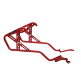 MotoCare red saddle stay installed on Hero XPulse 210 supporting saddlebags