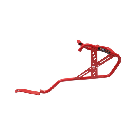 MotoCare red saddle stay installed on Hero XPulse 210 supporting saddlebags