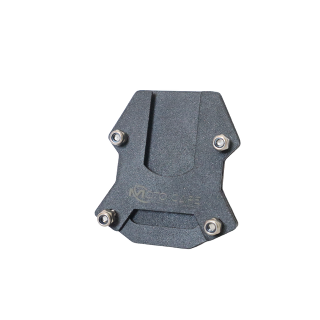 MotoCare CNC side stand extender installed on Hero Xpulse motorcycle improving parking stability on uneven ground