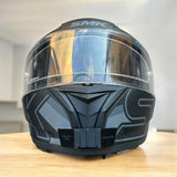 SMK Stellar helmet chin mount V1 and V2 installed for GoPro Insta360 DJI POV motovlogging action camera setup on motorcycle helmet