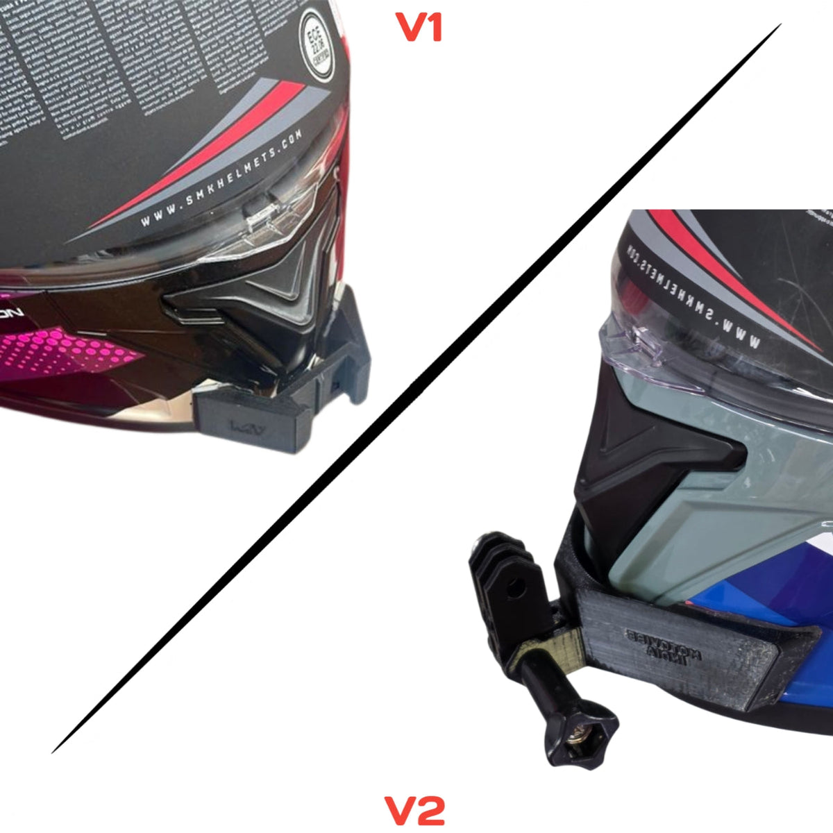 SMK Typhoon helmet chin mount V1 and V2 installed for GoPro Insta360 DJI POV motovlogging action camera setup on motorcycle helmet