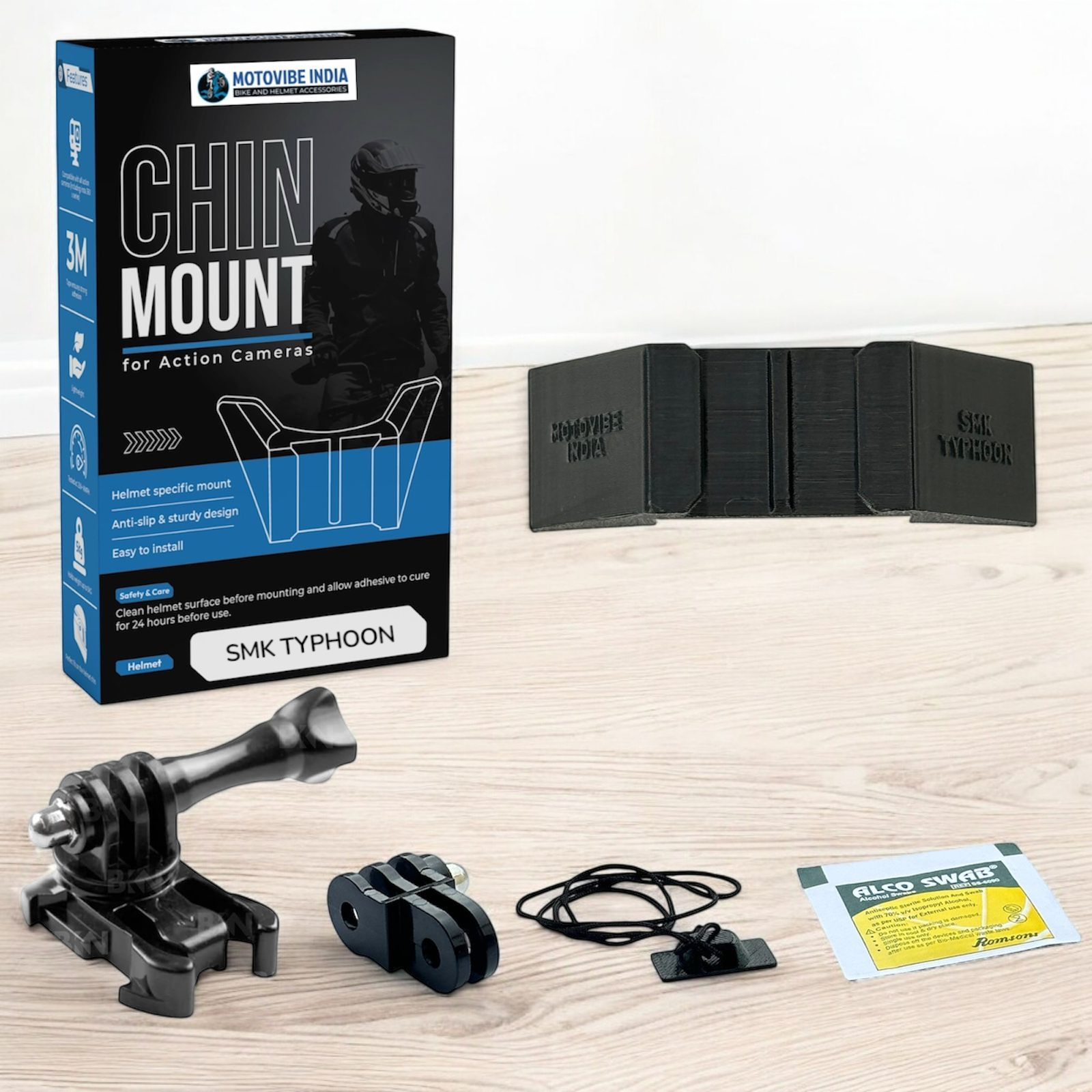 SMK Typhoon helmet chin mount V1 and V2 installed for GoPro Insta360 DJI POV motovlogging action camera setup on motorcycle helmet