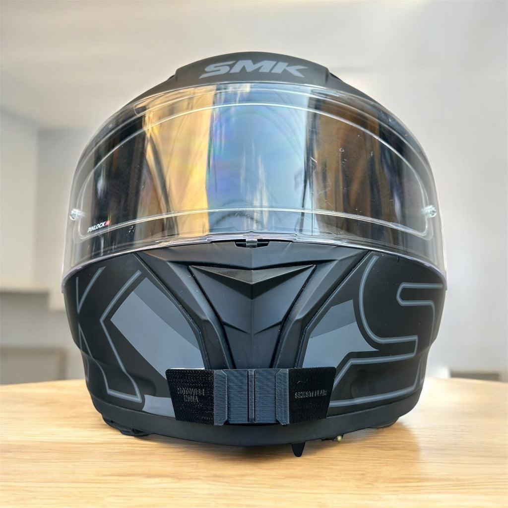 SMK Stellar helmet chin mount V1 and V2 installed for GoPro Insta360 DJI POV motovlogging action camera setup on motorcycle helmet