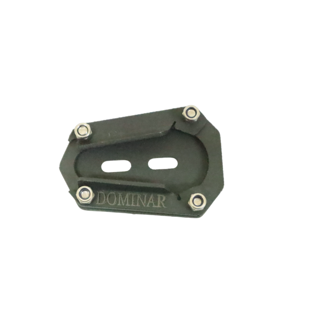Motocare Dominar 400 stand extender installed on Bajaj Dominar 400 side stand providing enhanced stability and anti-sink support on ground