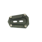 Motocare Dominar 400 stand extender installed on Bajaj Dominar 400 side stand providing enhanced stability and anti-sink support on ground