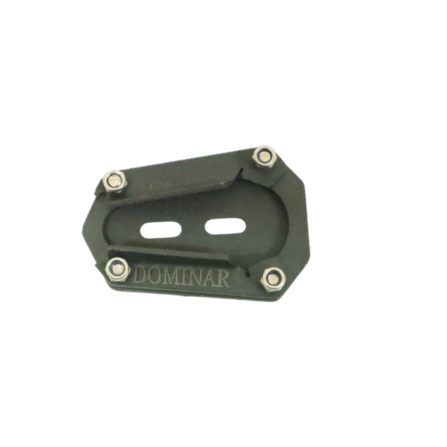 Motocare Dominar 400 stand extender installed on Bajaj Dominar 400 side stand providing enhanced stability and anti-sink support on ground