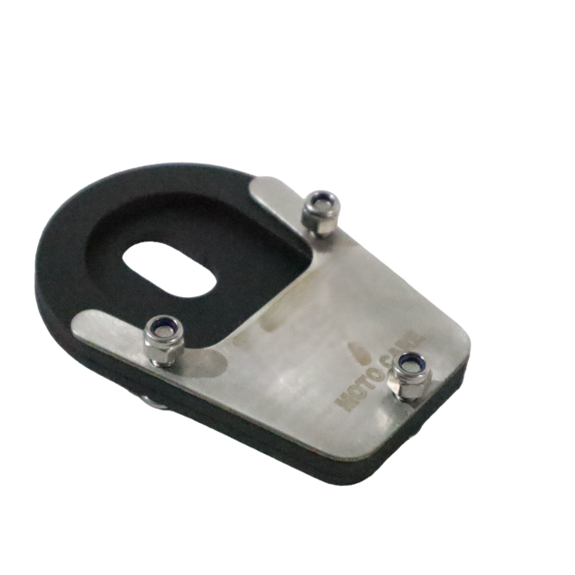 MotoCare side stand extender installed on Triumph Speed 400 for improved parking stability on uneven surfaces