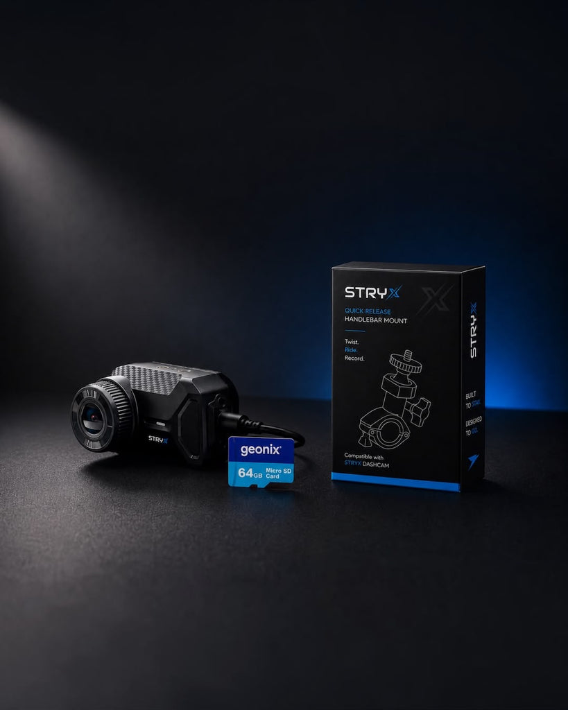 STRYX motorcycle dash cam QHD 1440P 64GB complete bundle with handlebar mount

