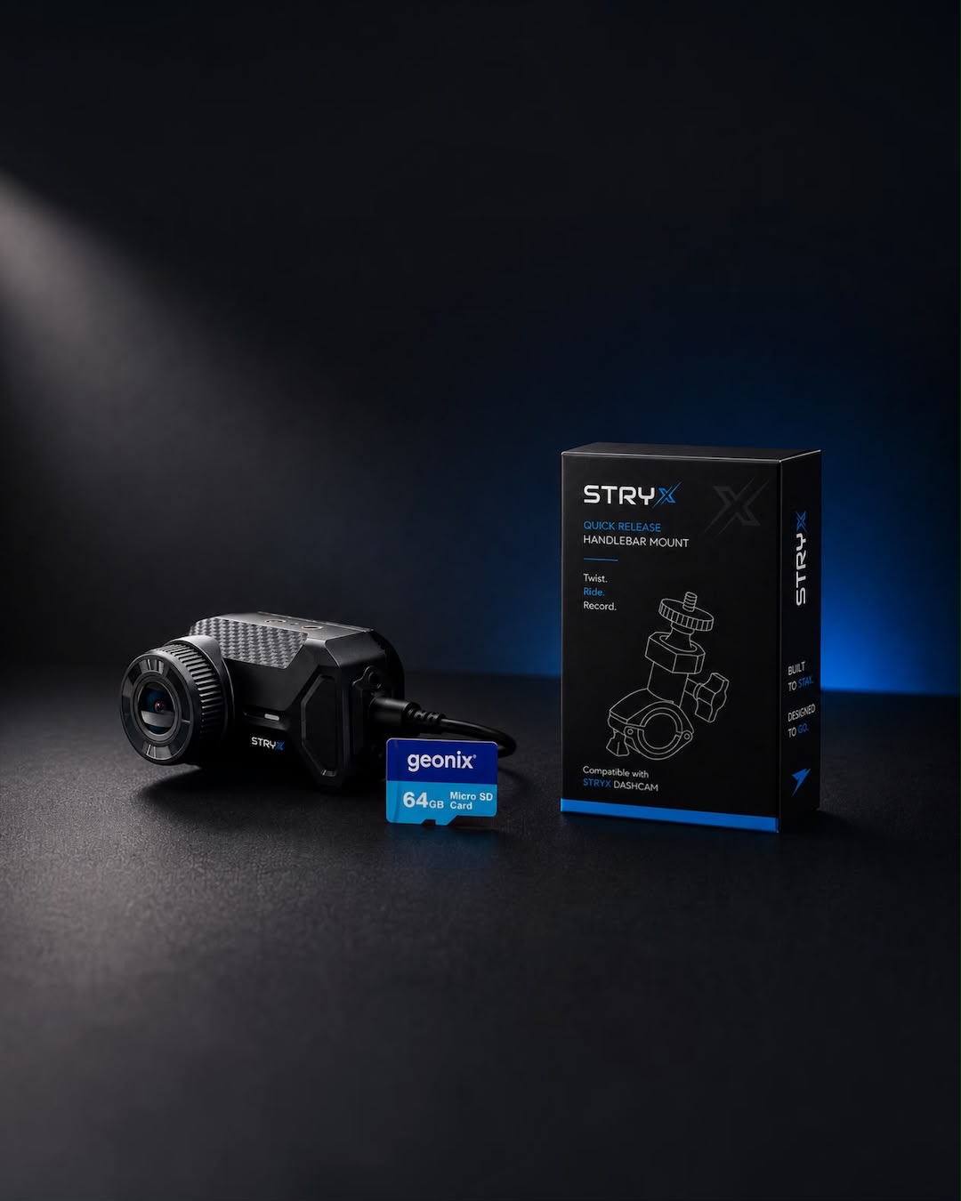 STRYX motorcycle dash cam QHD 1440P 64GB complete bundle with handlebar mount

