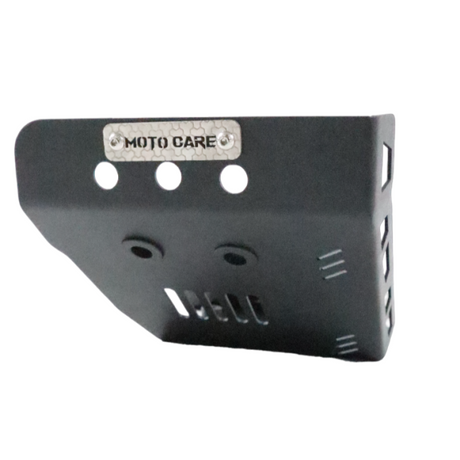 MotoCare sump guard installed on Triumph Scrambler 400X showing heavy-duty metal bash plate engine protection from bottom view
