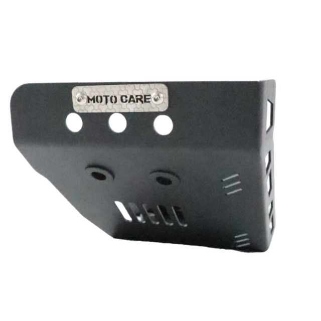 MotoCare sump guard installed on Triumph Scrambler 400X showing heavy-duty metal bash plate engine protection from bottom view