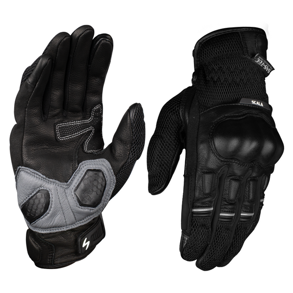 Scala Viper black genuine leather motorcycle riding gloves front view