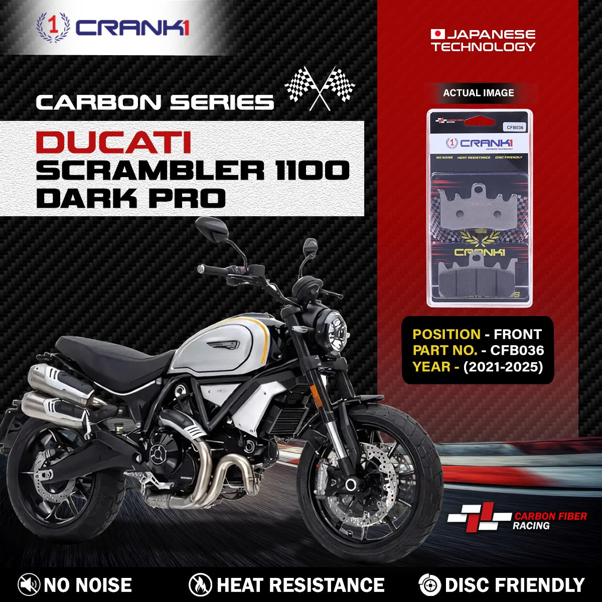 CRANK1 Carbon Front Brake Pads CFB036 for Ducati Scrambler 1100 Dark Pro 2021-2025 Motorcycle Brake Pads 2 Sets