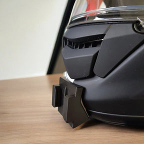 SHOEI GT-Air helmet chin mount installed for GoPro and Insta360 POV motovlogging camera setup on motorcycle helmet