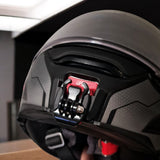SHOEI Neotec 2 helmet chin mount installed for GoPro and Insta360 POV motovlogging camera setup on motorcycle helmet