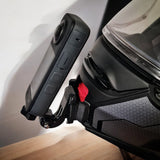 SHOEI Neotec 2 helmet chin mount installed for GoPro and Insta360 POV motovlogging camera setup on motorcycle helmet