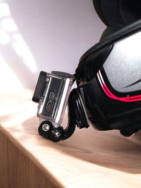 SHOEI RF-1000 helmet chin mount installed for GoPro and Insta360 POV motovlogging camera setup on motorcycle helmet