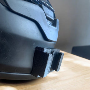 SHOEI RF-1400 NXR2 Z-8 helmet chin mount installed for GoPro and Insta360 POV motovlogging camera setup on motorcycle helmet