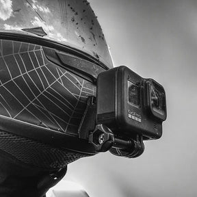 SHOEI RF-1200 NXR Z-7 helmet chin mount installed for GoPro and Insta360 POV motovlogging camera setup on motorcycle helmet