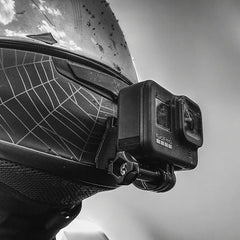 SHOEI RF-1200 NXR Z-7 helmet chin mount installed for GoPro and Insta360 POV motovlogging camera setup on motorcycle helmet