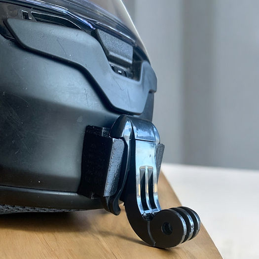 SHOEI RF-1400 NXR2 Z-8 helmet chin mount installed for GoPro and Insta360 POV motovlogging camera setup on motorcycle helmet