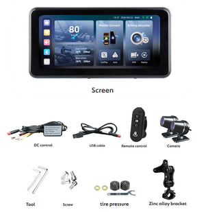 SIMTAC M10-PRO 6.0 inch IPS motorcycle DVR navigation screen with wireless Apple CarPlay Android Auto dual cameras AI blind spot detection and TPMS