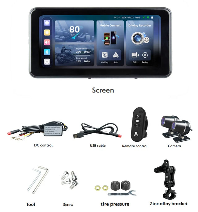 SIMTAC M10-PRO 6.0 inch IPS motorcycle DVR navigation screen with wireless Apple CarPlay Android Auto dual cameras AI blind spot detection and TPMS