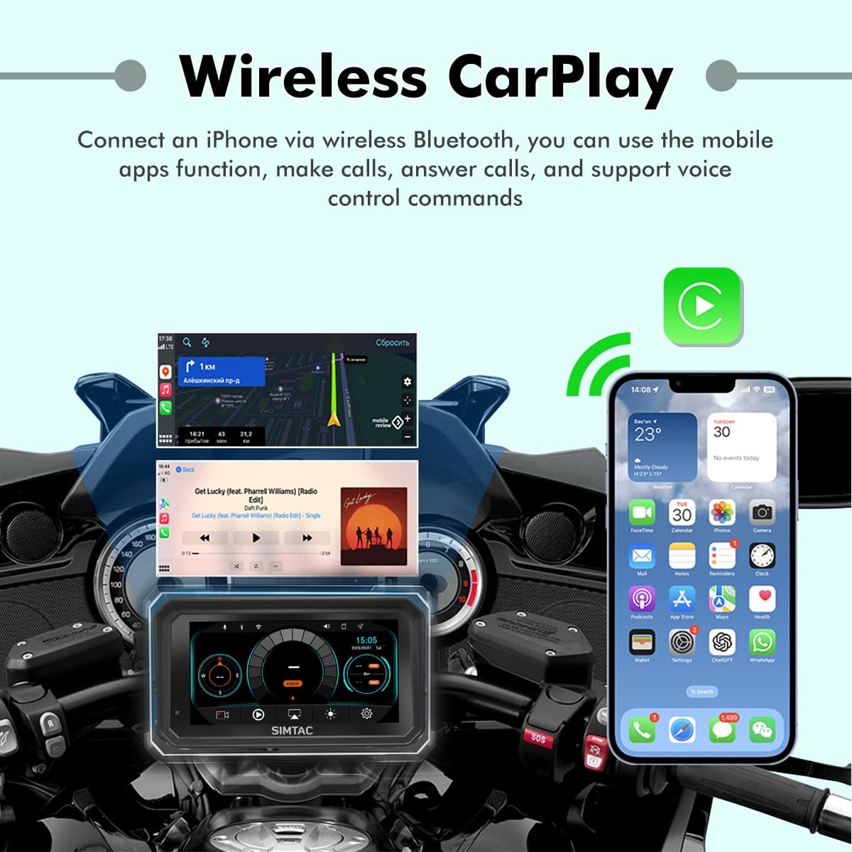 SIMTAC M8DT motorcycle GPS navigation system with CarPlay touchscreen