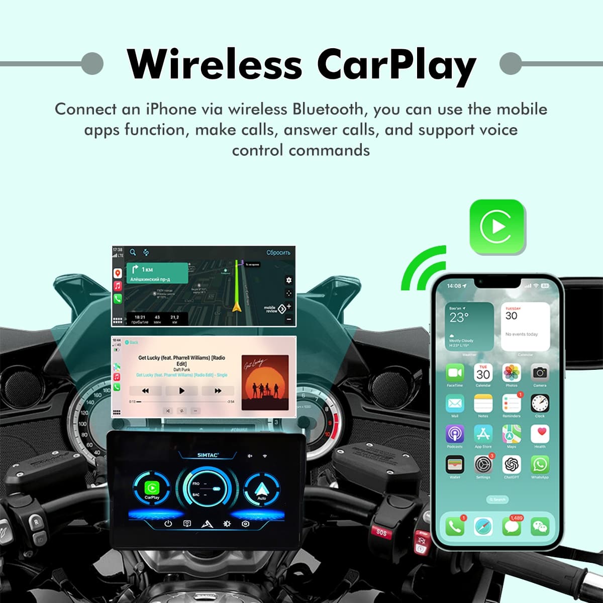SIMTAC M2 Motorcycle GPS Navigation Display with Wireless Apple CarPlay Android Auto Bluetooth and IP67 Waterproof Touchscreen