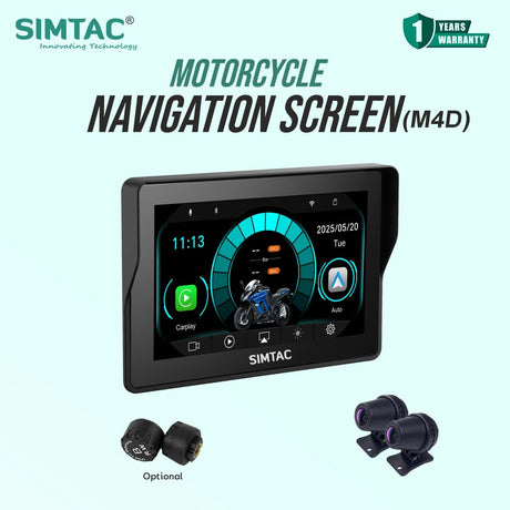 SIMTAC M4D Motorcycle Dash Cam with Dual 1080P Cameras CarPlay Android Auto GPS Navigation DVR System
