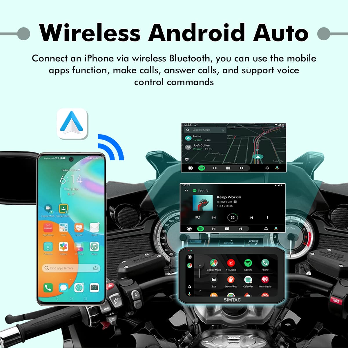 SIMTAC M6DT Motorcycle GPS Navigation System with CarPlay Android Auto Dual Dash Cam TPMS and Smart 5 Inch Display