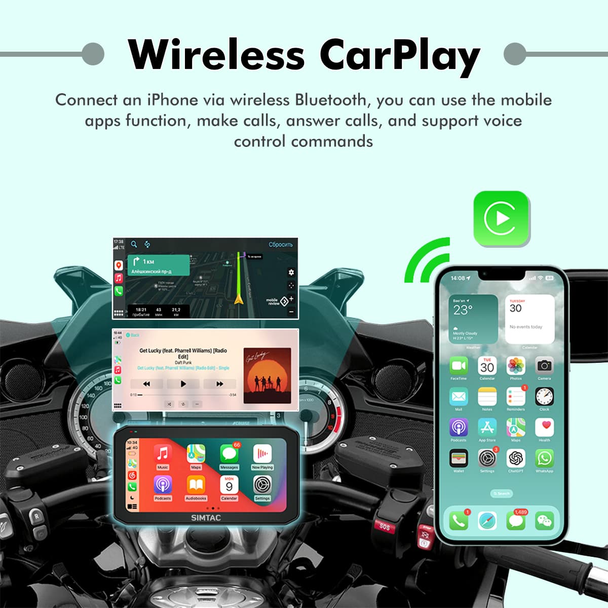 SIMTAC M6DT Motorcycle GPS Navigation System with CarPlay Android Auto Dual Dash Cam TPMS and Smart 5 Inch Display