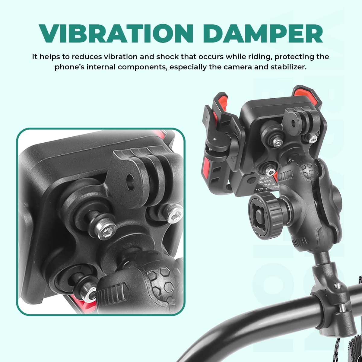 Simtac JQLC2-PRO Bike Mobile Holder with Dual USB Fast Charger and Vibration Damper for Motorcycle Scooter Bicycle