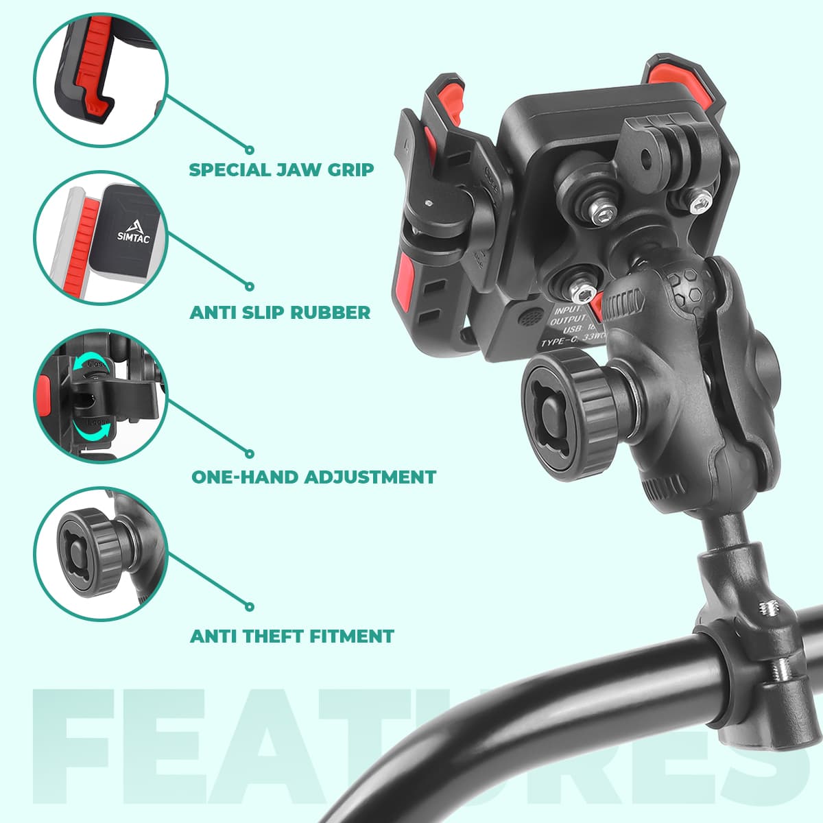 Simtac JQLC2-PRO Bike Mobile Holder with Dual USB Fast Charger and Vibration Damper for Motorcycle Scooter Bicycle