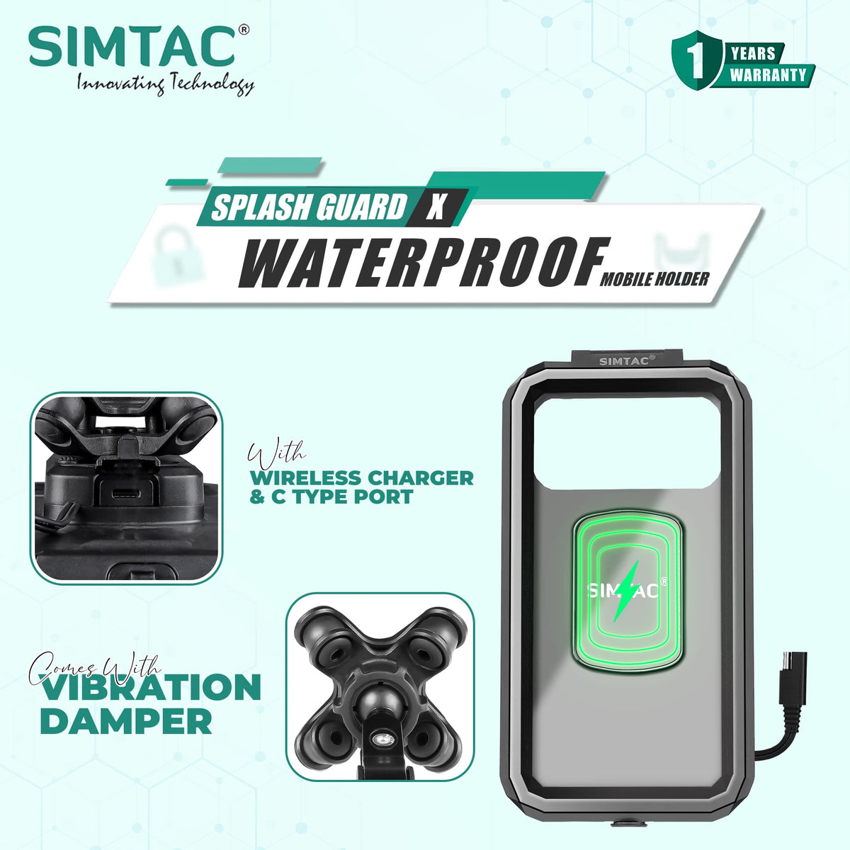 Simtac Splash Guard X MHWPWC-PRO Waterproof Bike Mobile Holder with Wireless Charger USB-C Charging and Vibration Damper