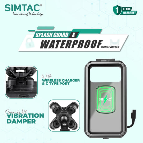 Simtac Splash Guard X MHWPWC-PRO Waterproof Bike Mobile Holder with Wireless Charger USB-C Charging and Vibration Damper