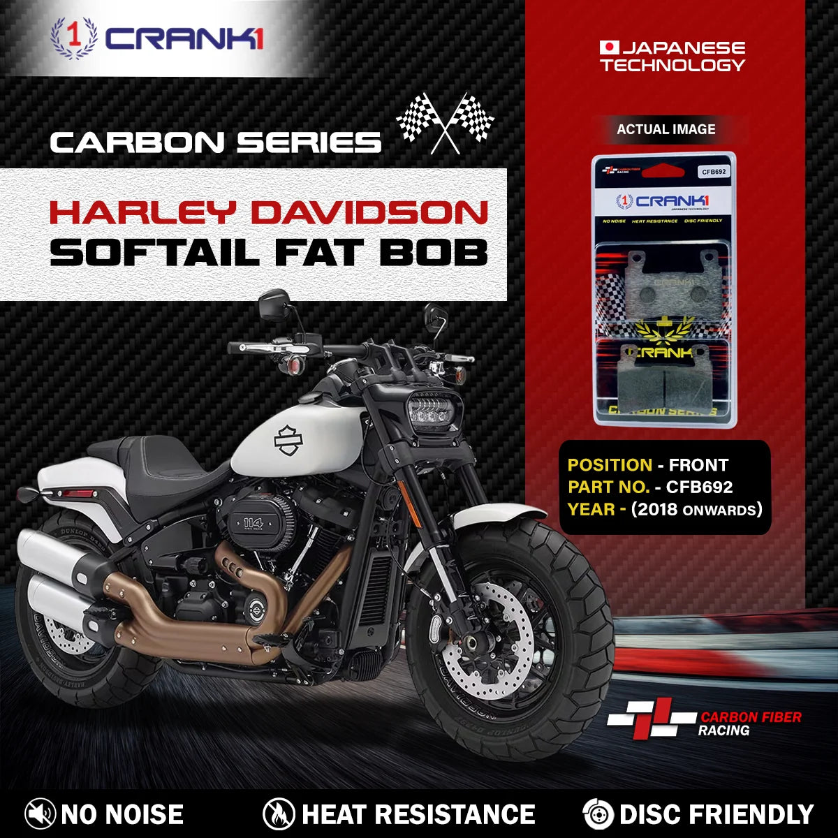 CRANK1 CFB692 carbon front brake pads for Harley Davidson Softail Fat Bob 2018 onwards