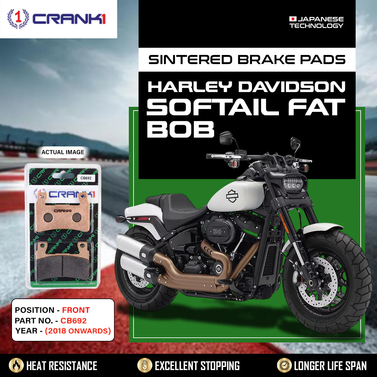 CRANK1 CB692 sintered front brake pads for Harley Davidson Softail Fat Bob (2018 Onwards) premium motorcycle braking upgrade.