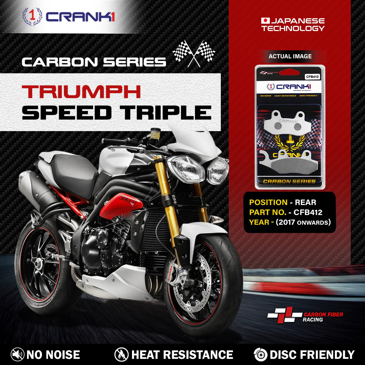 CRANK1 Carbon Rear Brake Pads CFB412 for Triumph Speed Triple 2017 Onwards Performance Motorcycle Brake Pads