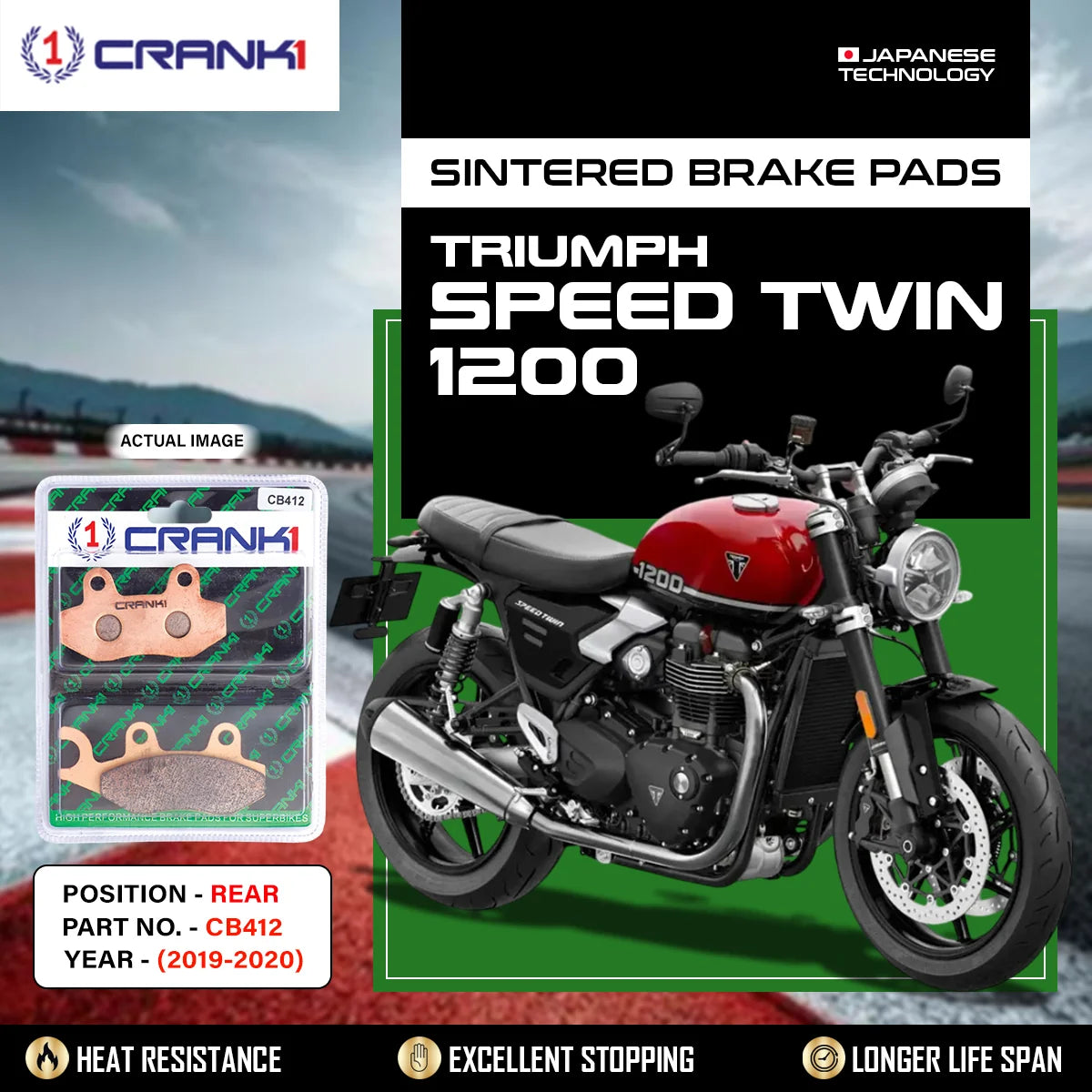 CRANK1 CB412 Sintered Rear Brake Pads For Triumph Speed Twin 1200 2019-2020 Motorcycle