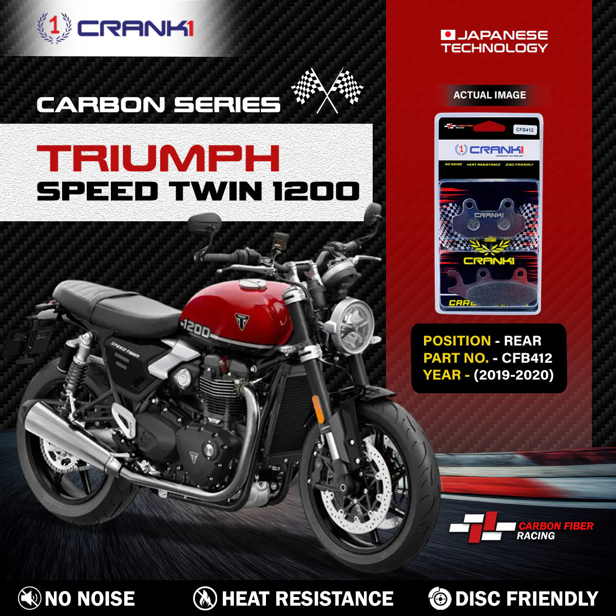 CRANK1 Carbon Rear Brake Pads CFB412 for Triumph Speed Twin 1200 2019-2020 Performance Motorcycle Brake Pads