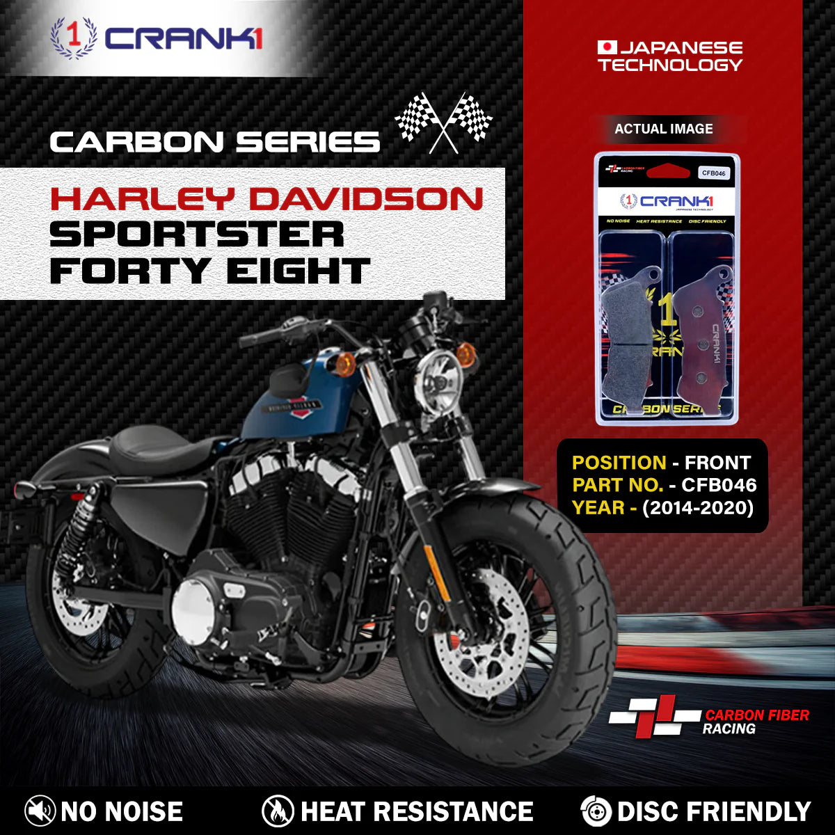 CRANK1 Carbon Front Brake Pads CFB046 for Harley Davidson Sportster Forty Eight Iron 883 XL1200 SuperLow 2014-2020
