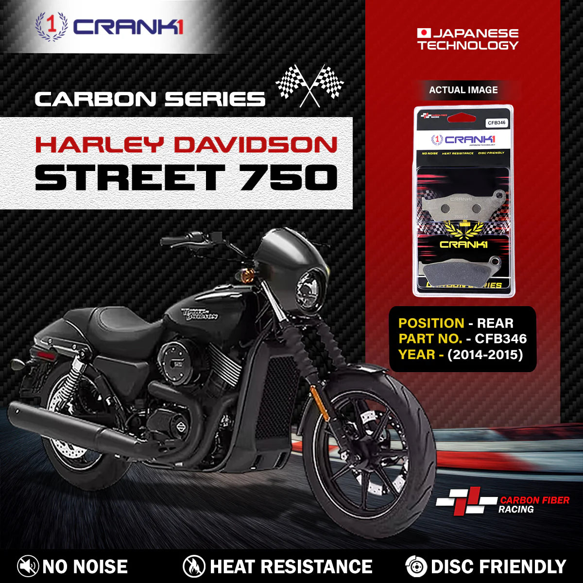 CRANK1 Carbon Rear Brake Pads CFB346 for Harley Davidson Street 750 and Royal Enfield Shotgun 650