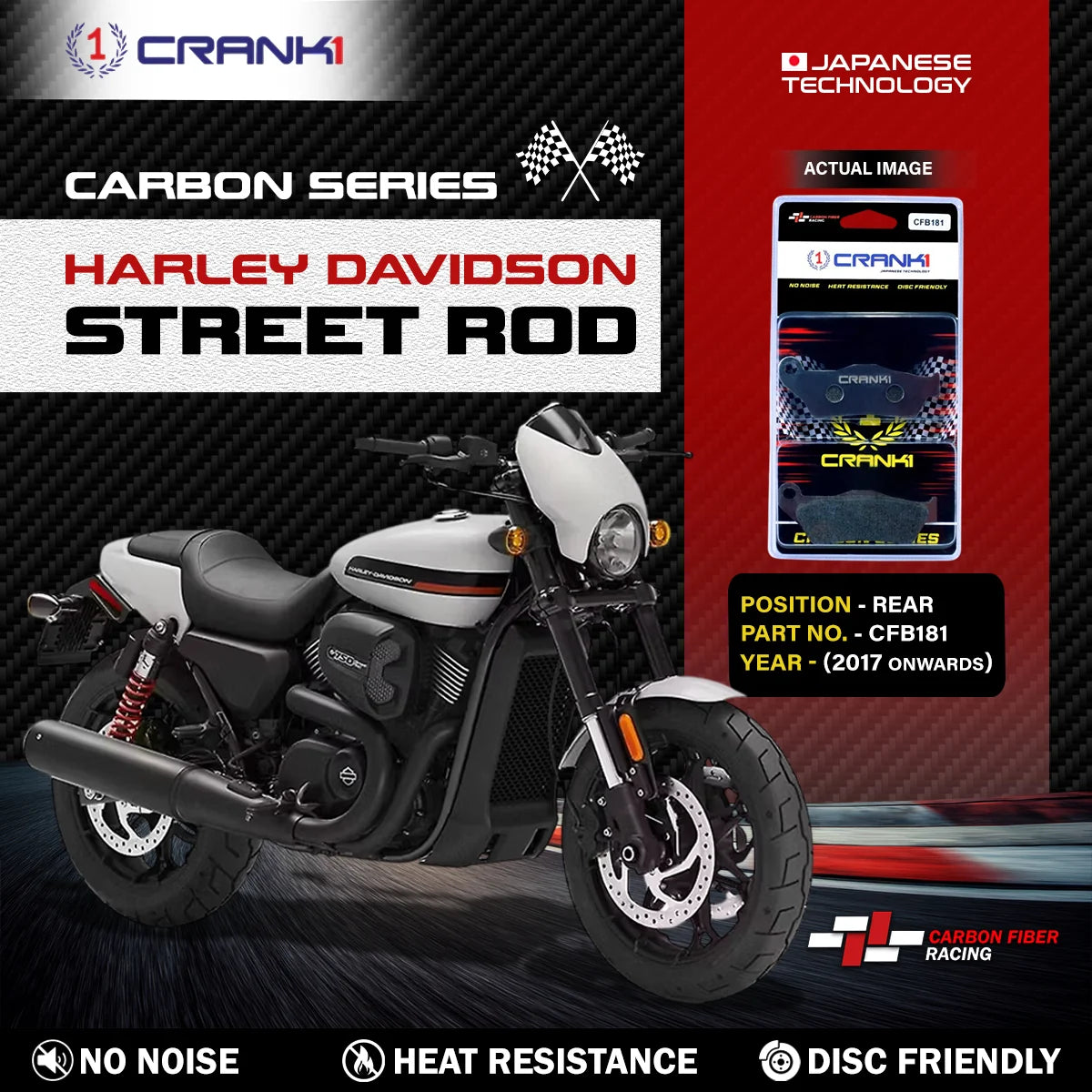 CRANK1 CFB181 rear carbon brake pads for Harley-Davidson Street Rod 2017 onwards