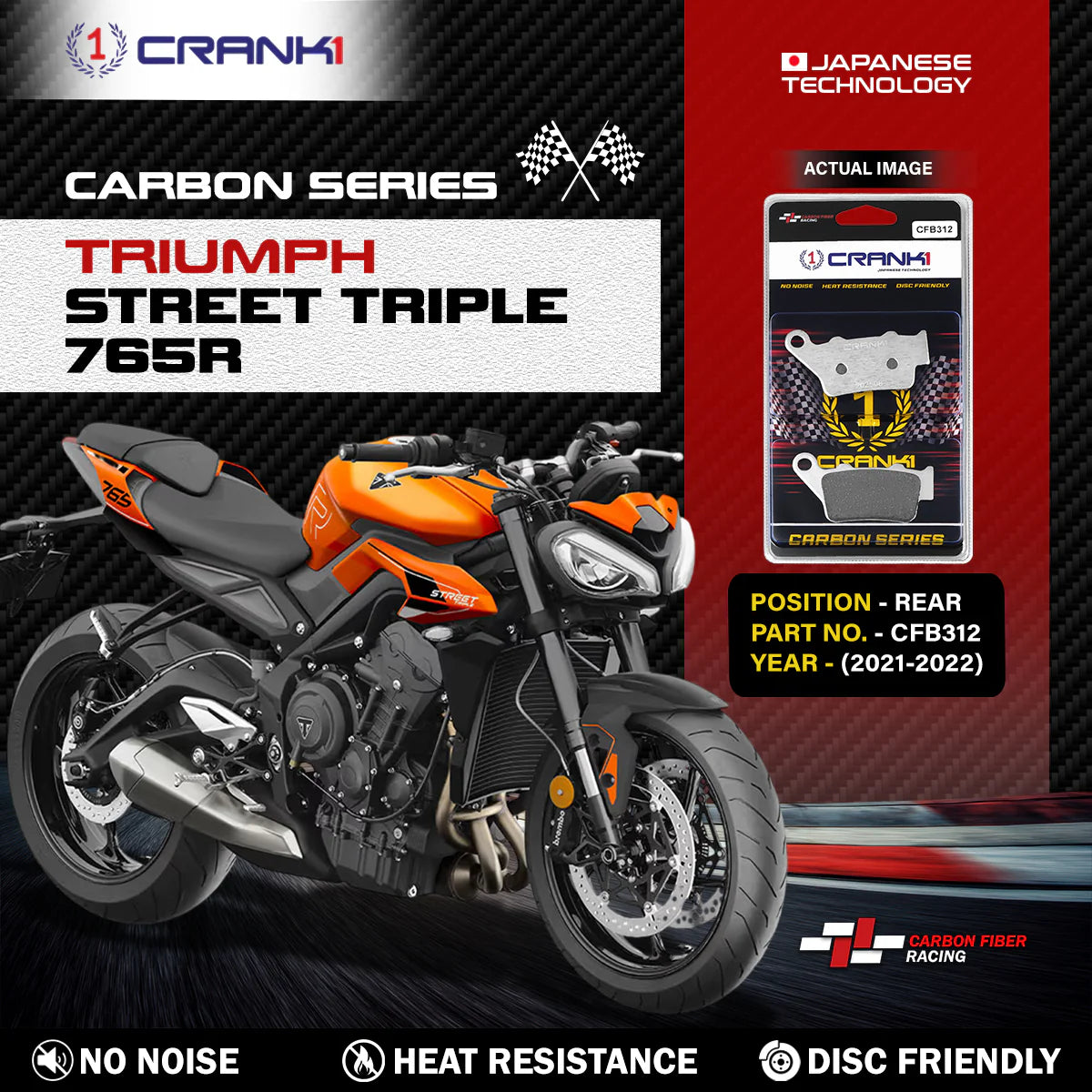 CRANK1 Carbon Brake Pads Rear for Triumph Street Triple 765R 2021 2022 CFB312